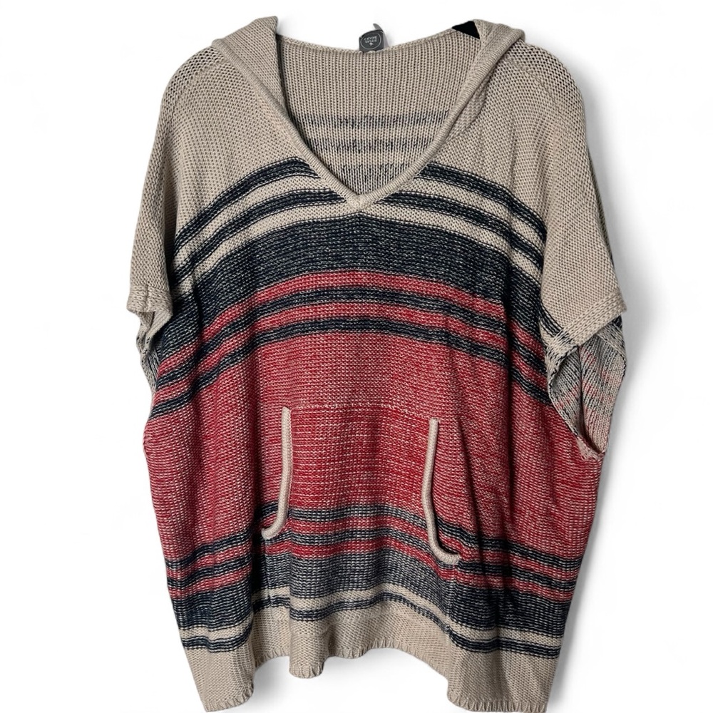Paper Crane - Women’s Short Sleeve Hoodie‎ Sweater Striped Tan Red Blue - Sz. S